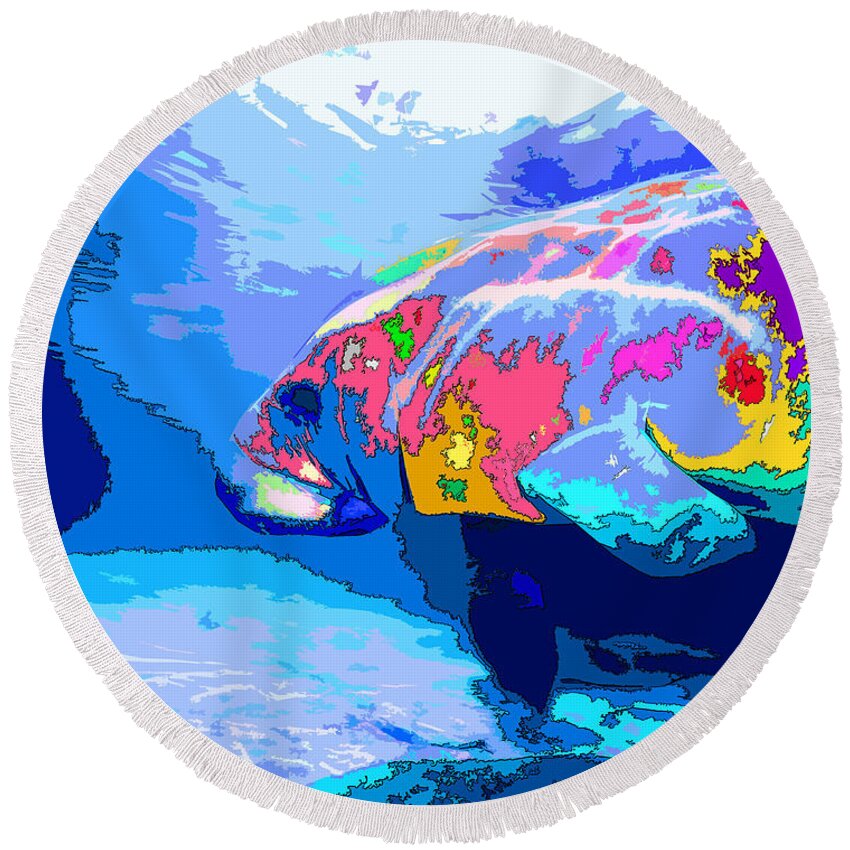 Keri West Round Beach Towel featuring the photograph Manatee Love by Keri West