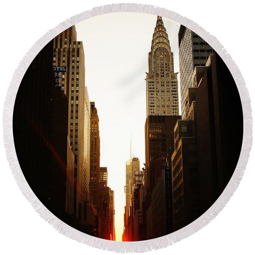 New York City Round Beach Towel featuring the photograph Manhattanhenge Sunset and the Chrysler Building by Vivienne Gucwa