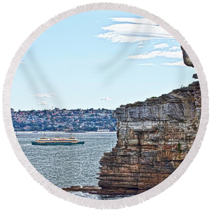 North Head Round Beach Towel featuring the photograph Manly Ferry Passing By by Miroslava Jurcik