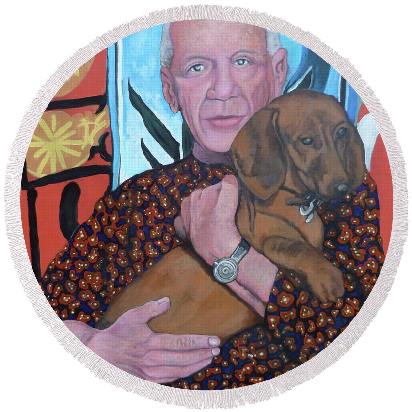 Man's Best Friend Round Beach Towel featuring the painting Man's Best Friend by Tom Roderick