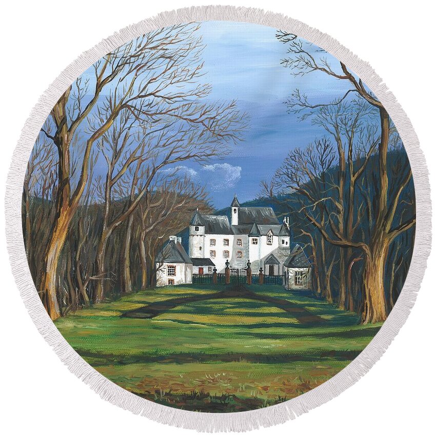 Landscape Round Beach Towel featuring the painting Mansion In The Woods by Margaryta Yermolayeva
