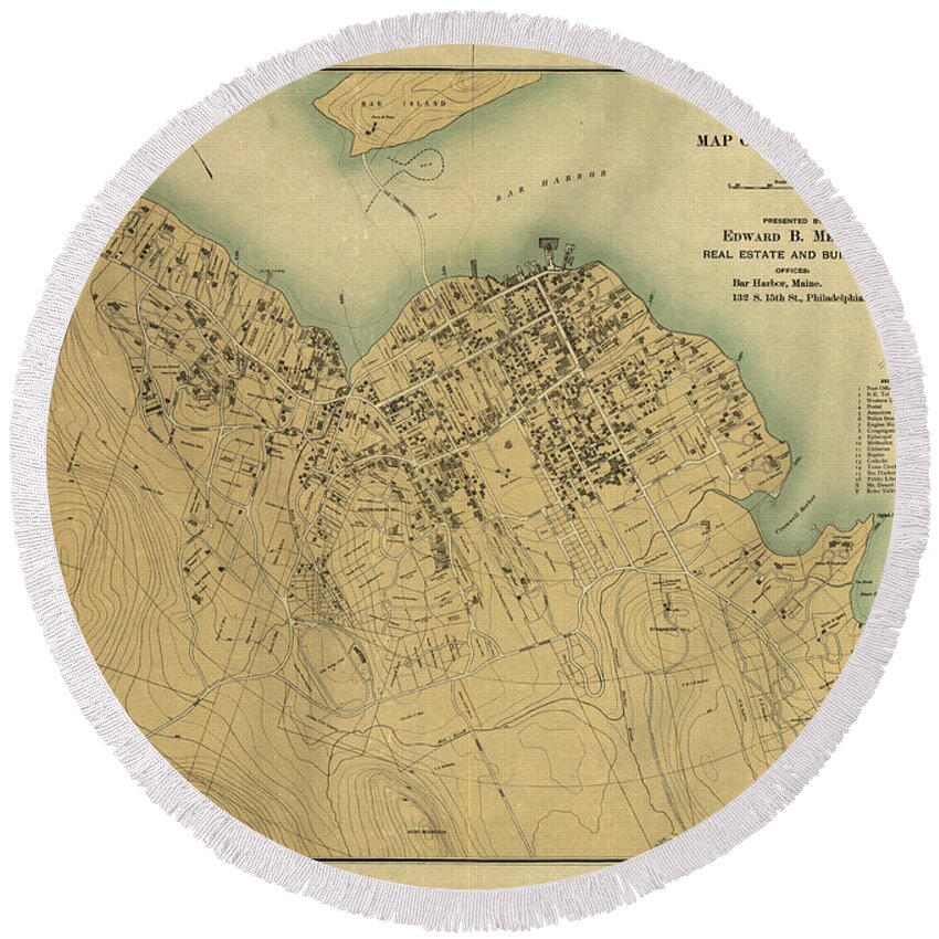 Vintage Round Beach Towel featuring the photograph Map of Bar Harbor Maine 1896 by Edward Fielding