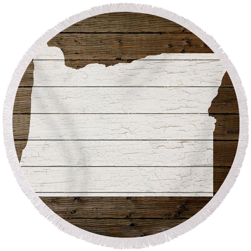 Map Of Oregon Round Beach Towel featuring the mixed media Map Of Oregon State Outline White Distressed Paint On Reclaimed Wood Planks by Design Turnpike