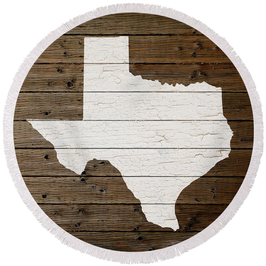 Map Of Texas Round Beach Towel featuring the mixed media Map of Texas State Outline White Distressed Paint on Reclaimed Wood Planks by Design Turnpike