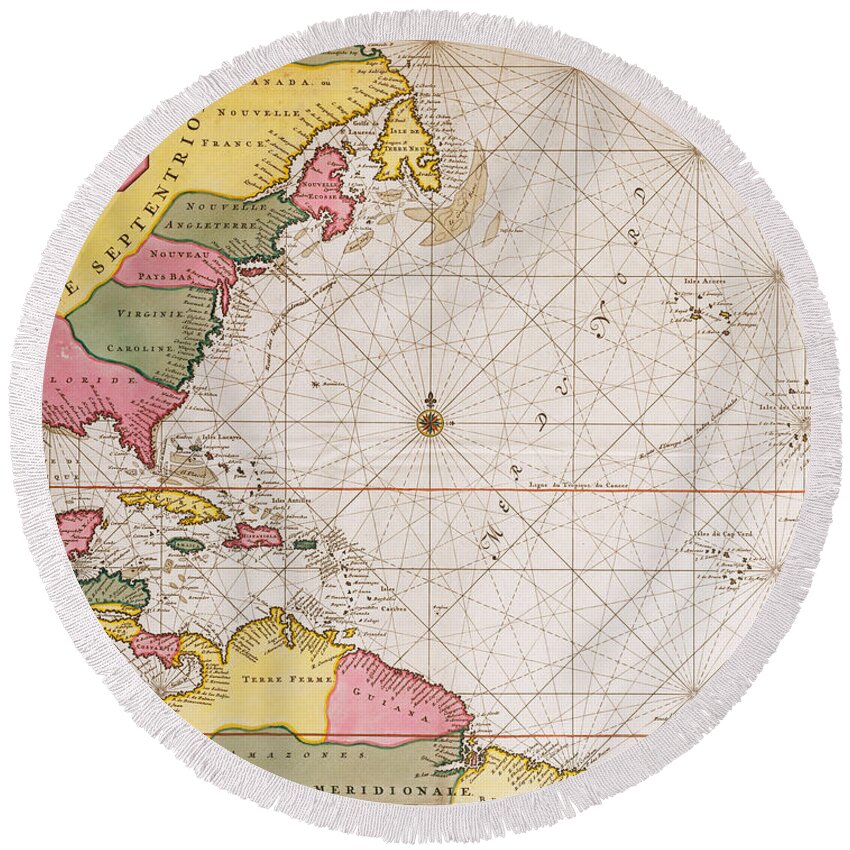 Mapping; Chart; Atlantic Ocean; West Coast; Florida; Carolina; Virginia Round Beach Towel featuring the drawing Map of the Atlantic ocean showing the east coast of North America the Caribbean and Central America by French School
