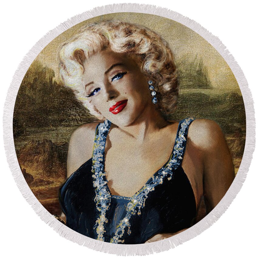 Theo Danella Round Beach Towel featuring the painting Marilyn 126 Mona LIsa by Theo Danella
