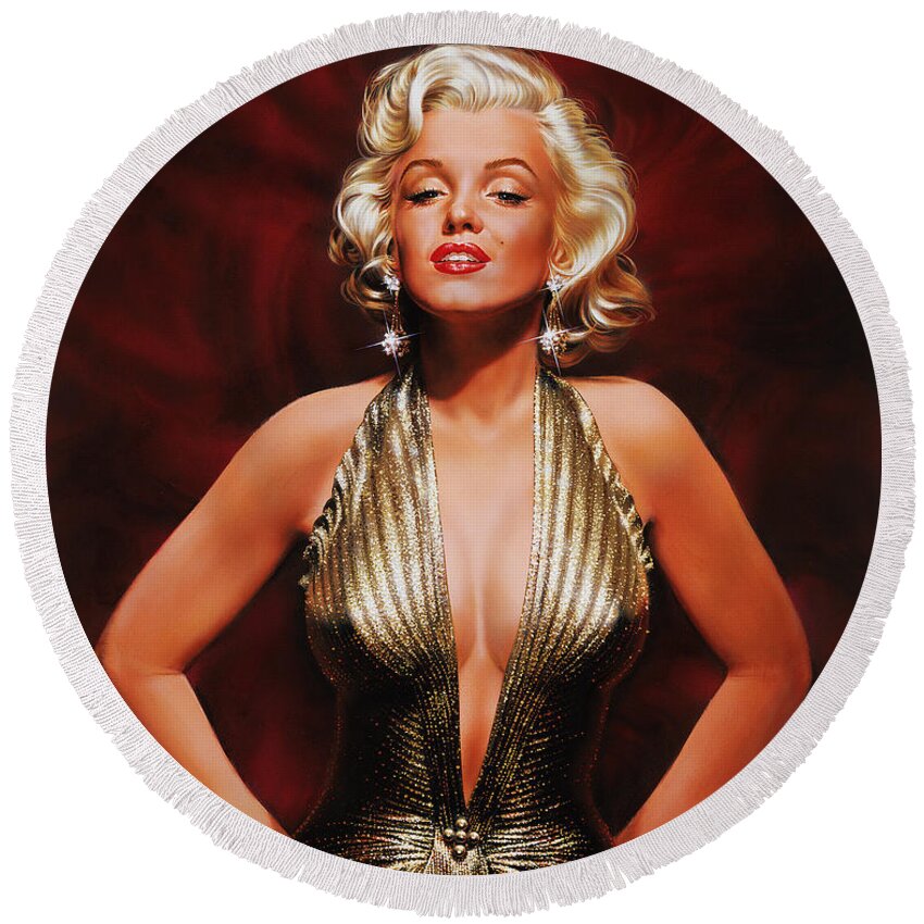 Portrait Round Beach Towel featuring the painting Marilyn Monroe by Dick Bobnick