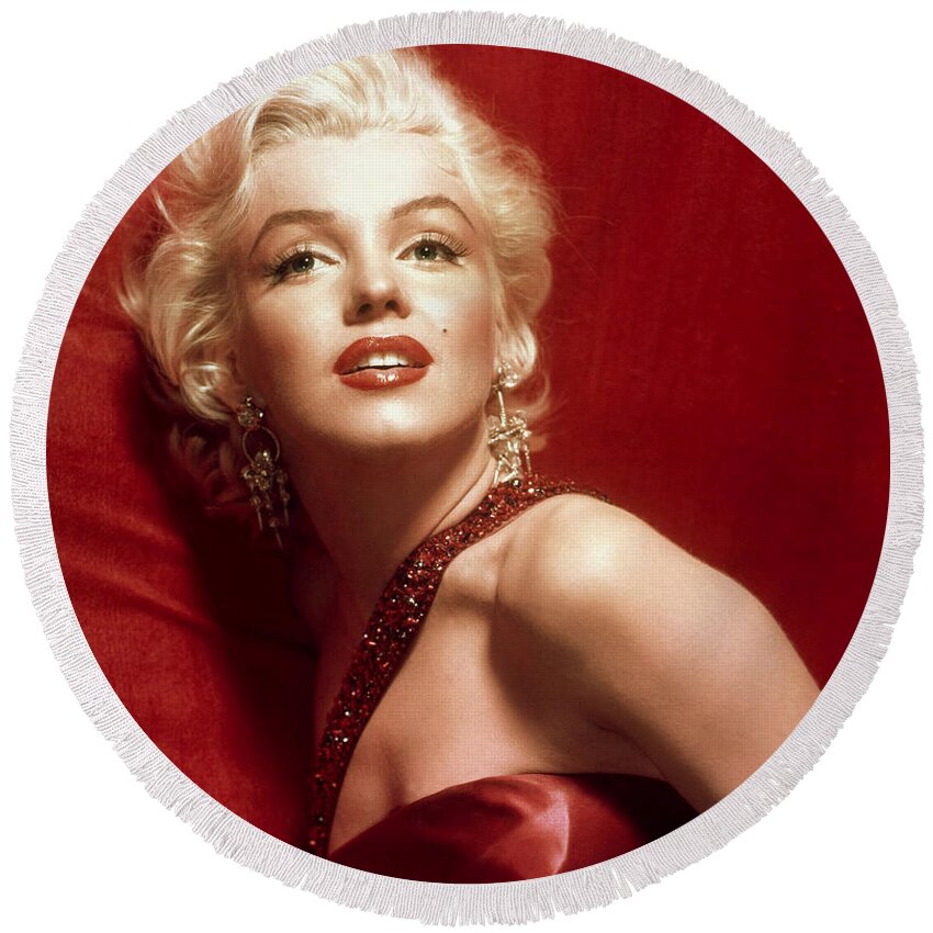 Marilyn Monroe Round Beach Towel featuring the digital art Marilyn Monroe in Red by Georgia Fowler