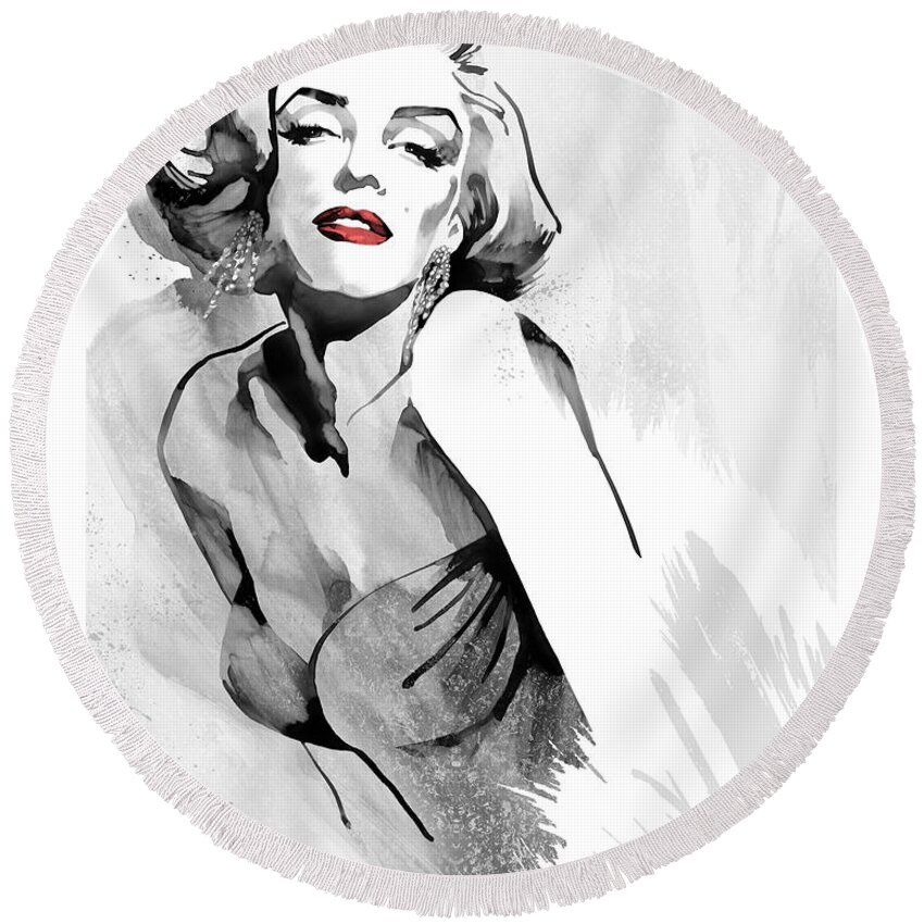 Marilyn Round Beach Towel featuring the painting Marilyn's Pose Red Lips by Ellie Rahim