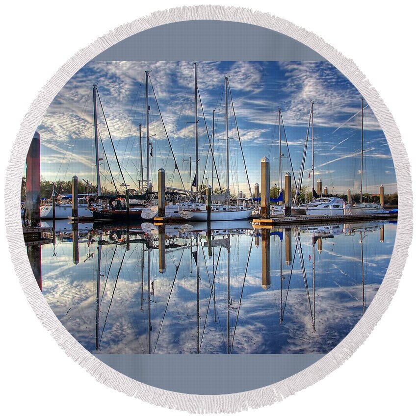 Marina Round Beach Towel featuring the photograph Marina Morning Reflections by Farol Tomson