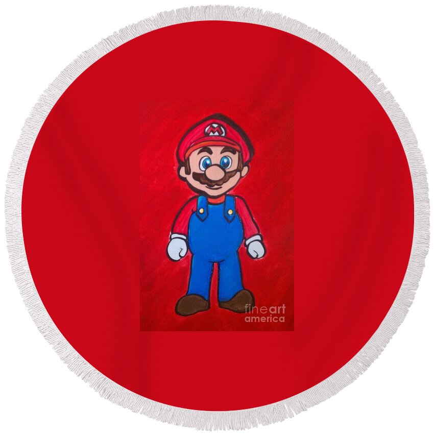 Marisela Mungia Round Beach Towel featuring the painting Mario by Marisela Mungia