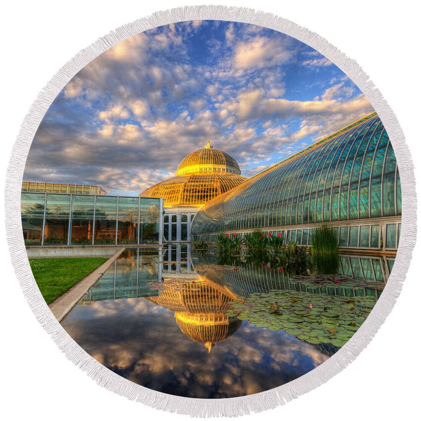 Architecture Round Beach Towel featuring the photograph Marjorie Mcneely Conservatory Evening by Wayne Moran