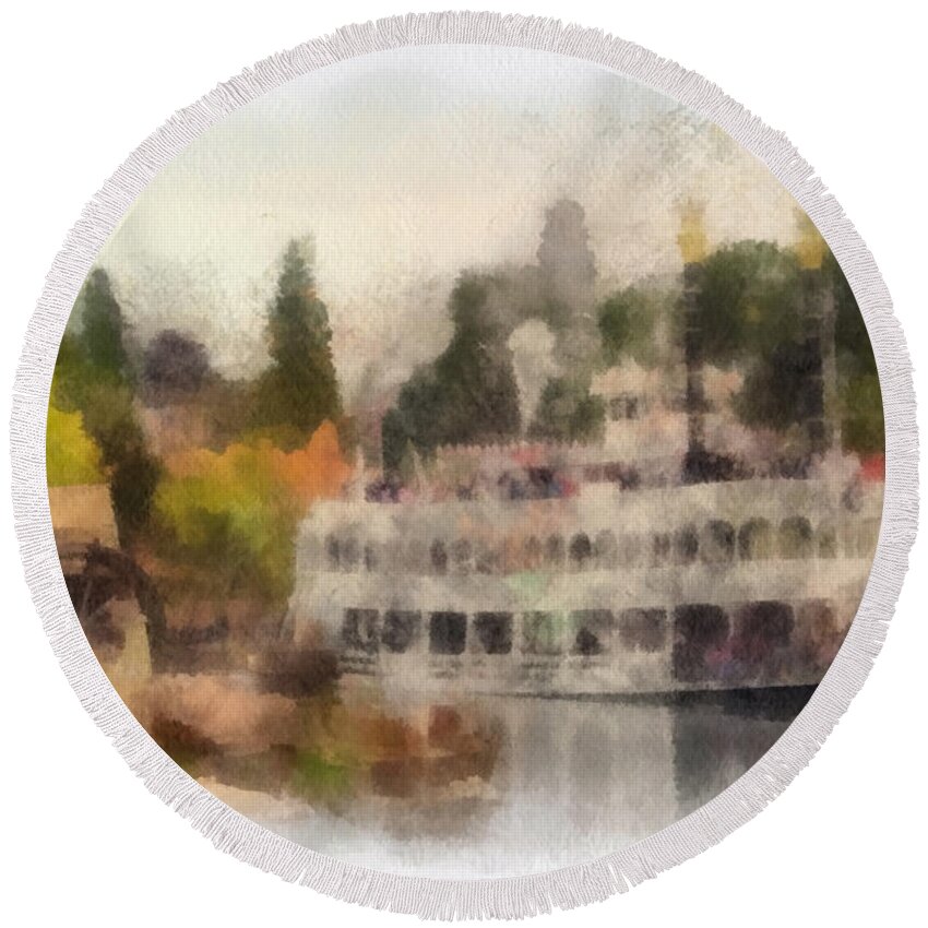 Frontierland Round Beach Towel featuring the photograph Mark Twain Riverboat Frontierland Disneyland Photo Art 01 by Thomas Woolworth