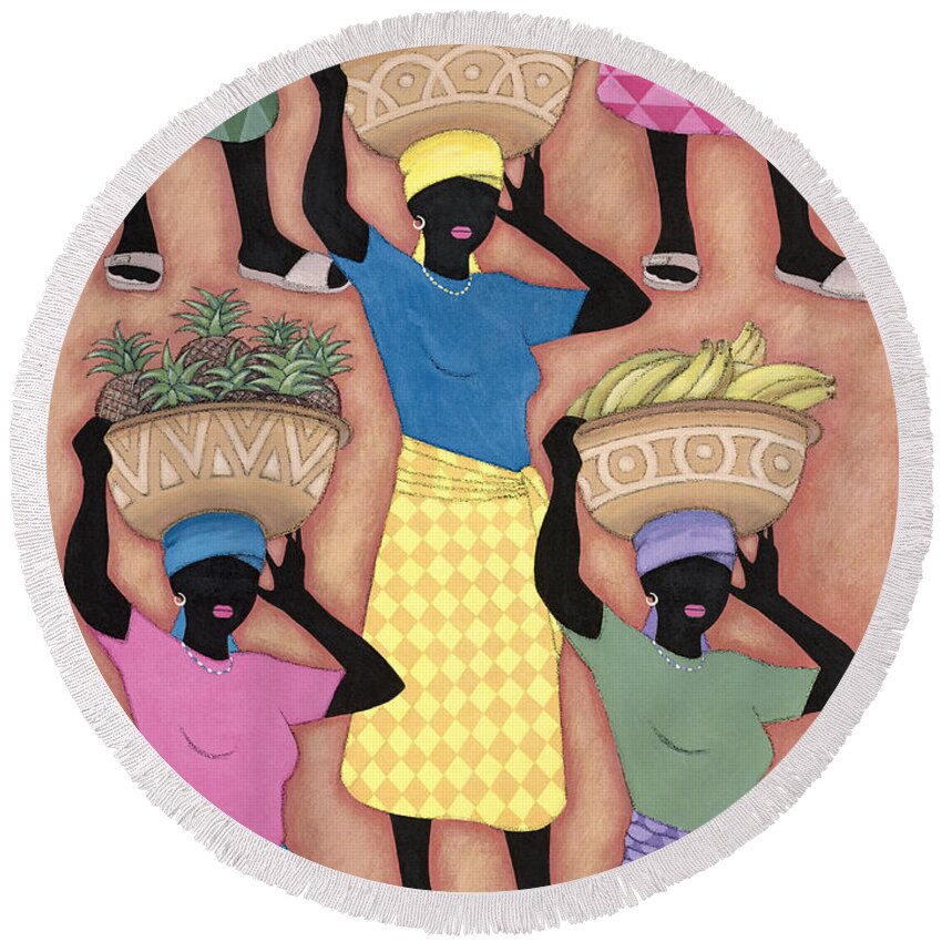 Female Round Beach Towel featuring the painting Market Day by Sarah Porter