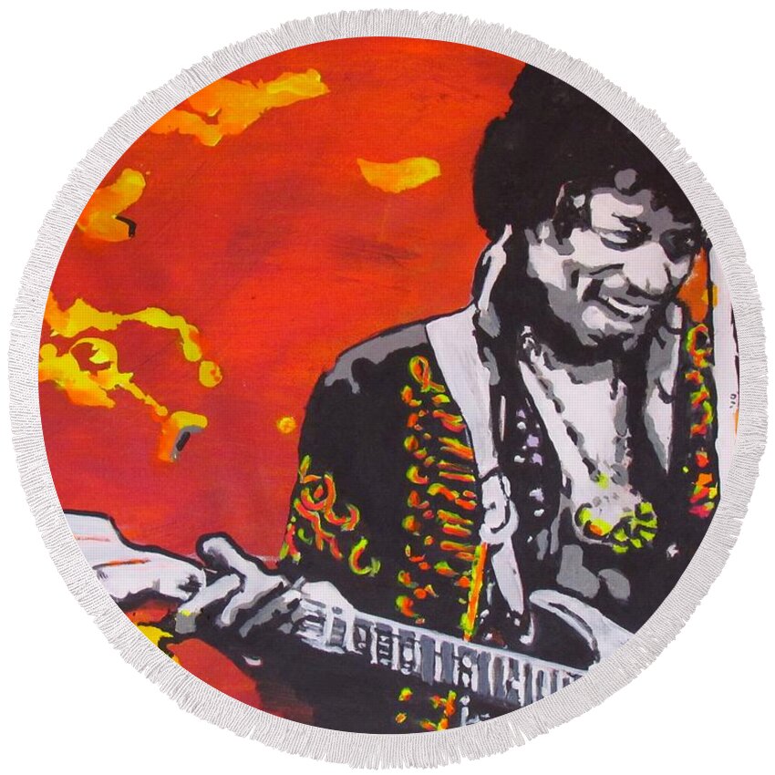 Jimi Hendrix Round Beach Towel featuring the painting Marmalade Skies by Eric Dee