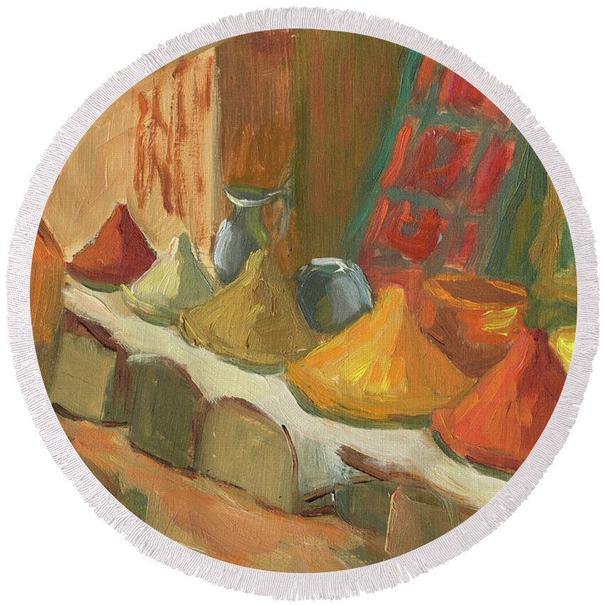 Marakesh Round Beach Towel featuring the painting Marrakesh Market by Diane McClary
