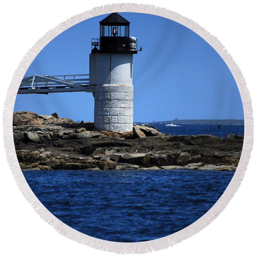 Lighthouse Round Beach Towel featuring the photograph Marshall Point Surrounded by Blue by Karol Livote