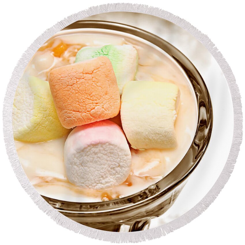 Yogurt Round Beach Towel featuring the photograph Marshmallow Peach Yogurt Parfait by Andee Design