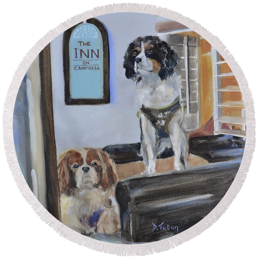 Cavalier Round Beach Towel featuring the painting Mascots of The Inn by Donna Tuten