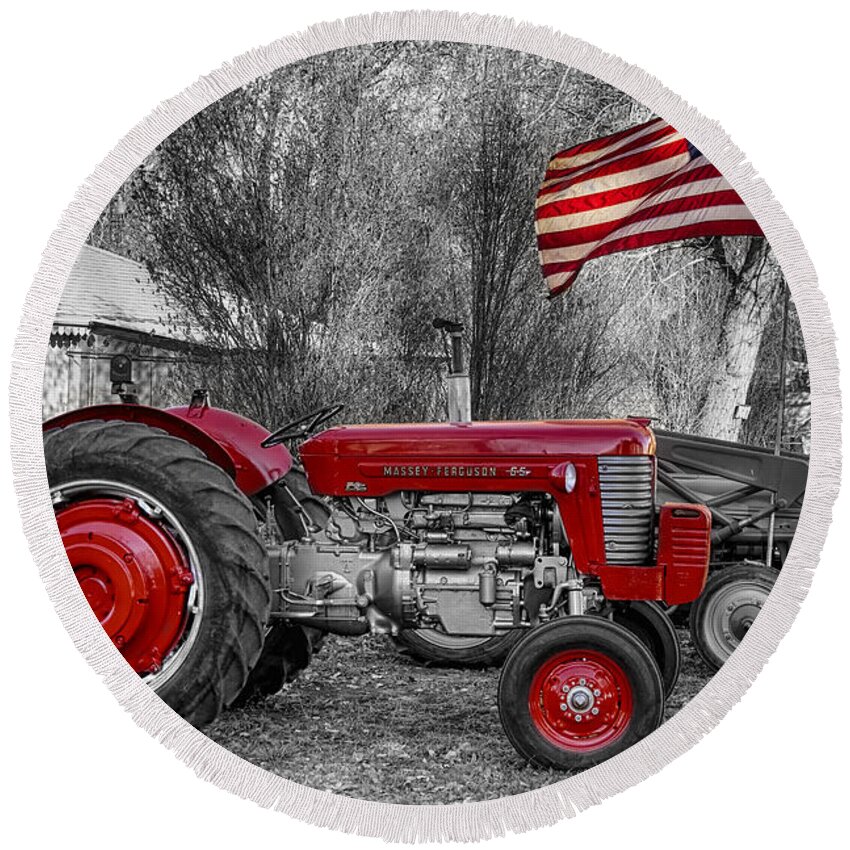 Tractor Round Beach Towel featuring the photograph Massey - Feaguson 65 Tractor with USA Flag BWSC by James BO Insogna