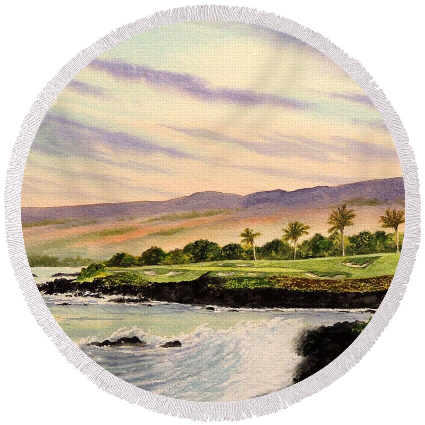 Mauna Kea Golf Course Hawaii Round Beach Towel featuring the painting Mauna Kea Golf Course Hawaii Hole 3 by Bill Holkham