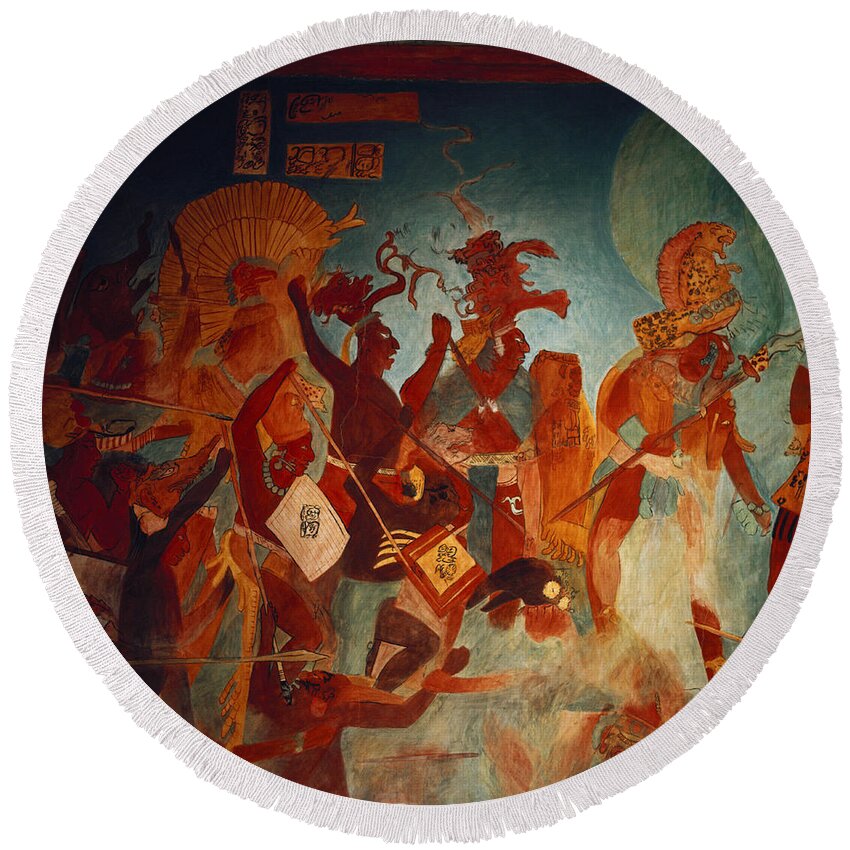 Ancient Round Beach Towel featuring the painting Maya Fresco At Bonampak by George Holton