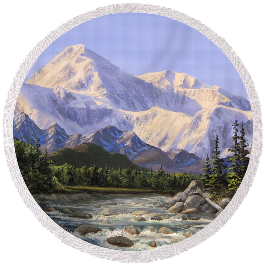 Alaska Landscape Round Beach Towel featuring the painting Majestic Denali Mountain Landscape - Alaska Painting - Mountains and River - Wilderness Decor by K Whitworth
