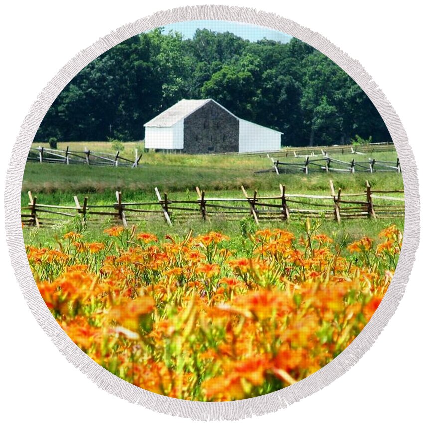 White Barns Round Beach Towel featuring the photograph McPhersons Barn in Summer Gettysburg by Angela Davies
