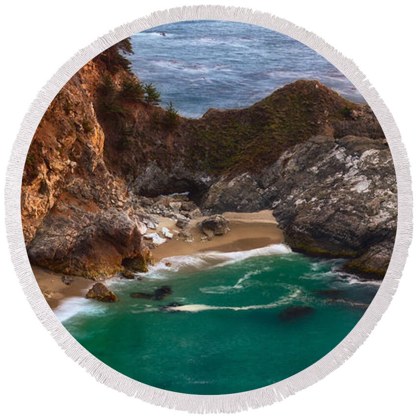 Mcway Falls Round Beach Towel featuring the photograph McWay Falls by Anthony Michael Bonafede