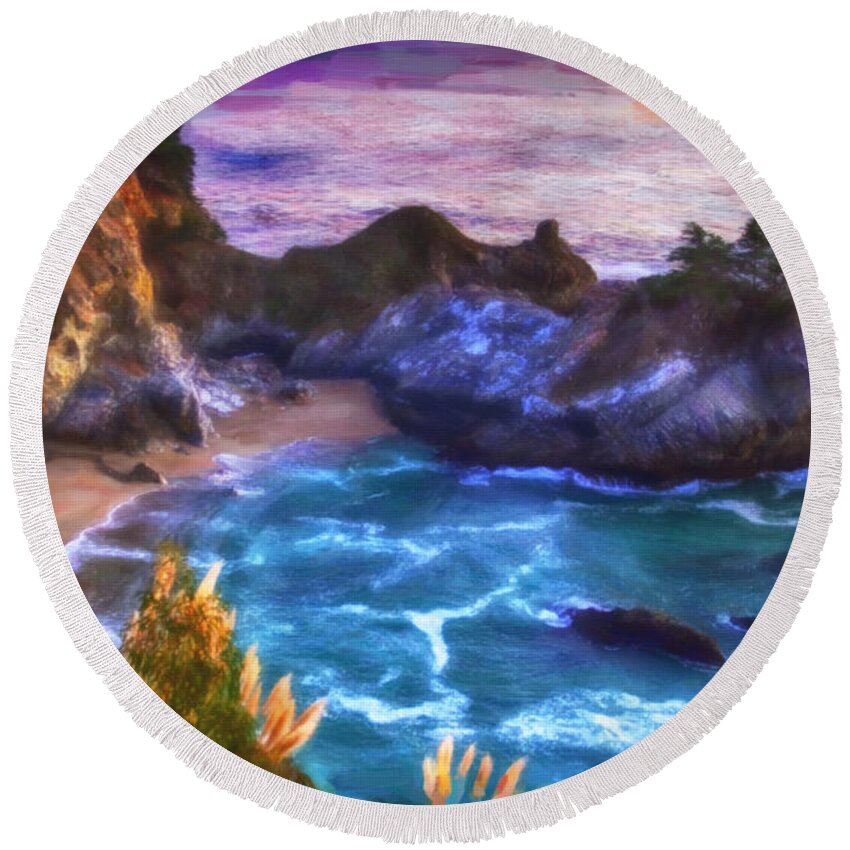 Big Sur Round Beach Towel featuring the painting McWay Falls by David Millenheft