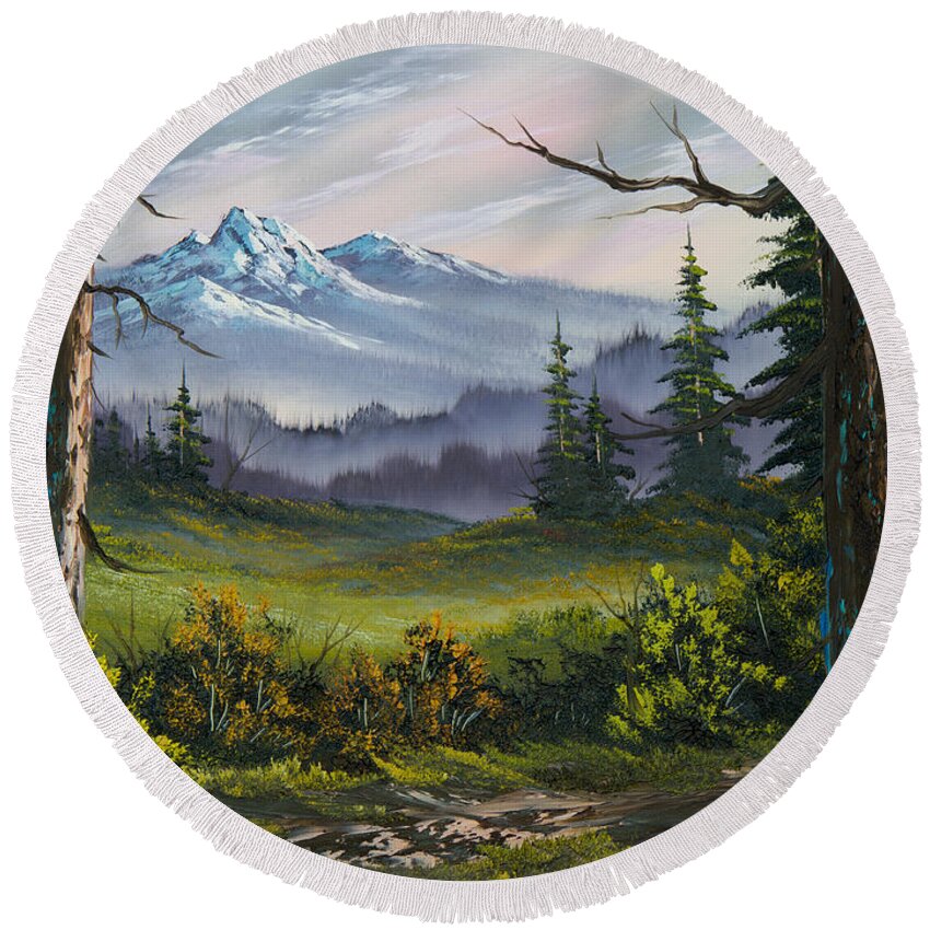 Landscape Round Beach Towel featuring the painting Meadow View by Chris Steele