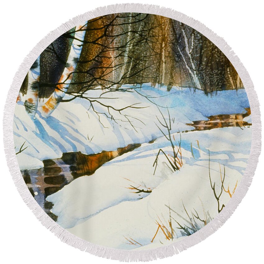 Meandering Stream Round Beach Towel featuring the painting Meandering Stream by Teresa Ascone