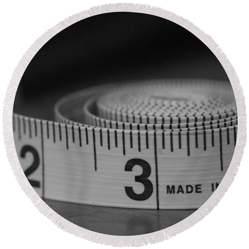 Tape Measure Round Beach Towel featuring the photograph Measuring Up by Holden The Moment