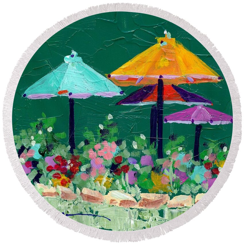 Umbrellas Round Beach Towel featuring the painting Meet Me At The Cafe by Adele Bower