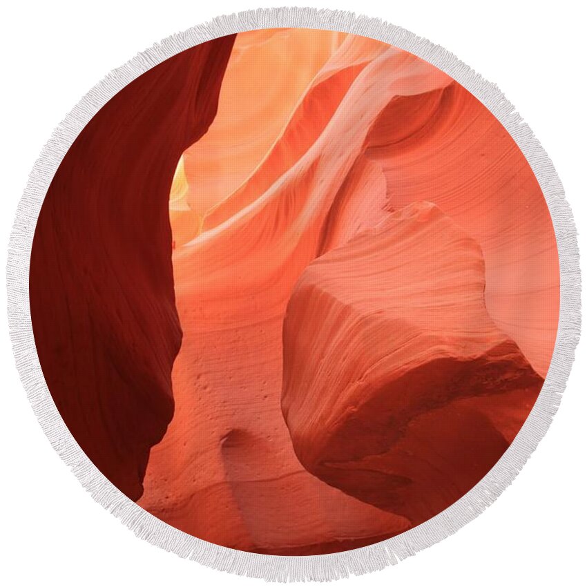 Arizona Slot Canyon Round Beach Towel featuring the photograph Meeting Of The Faces by Adam Jewell