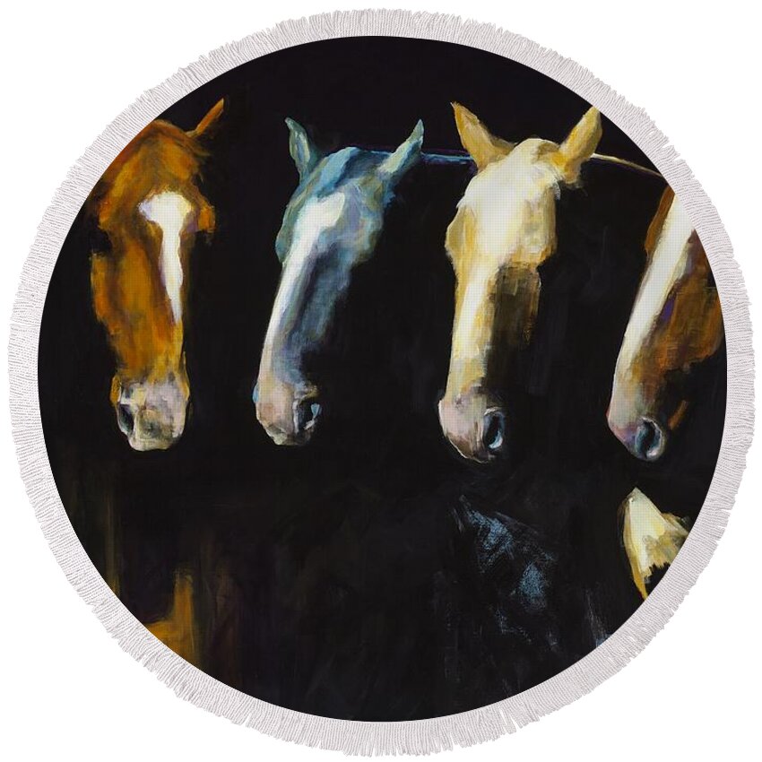 Equine Art Round Beach Towel featuring the painting Meeting Of The Minds by Frances Marino