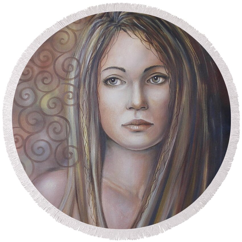 Woman Round Beach Towel featuring the painting Melancholy 080808 by Selena Boron