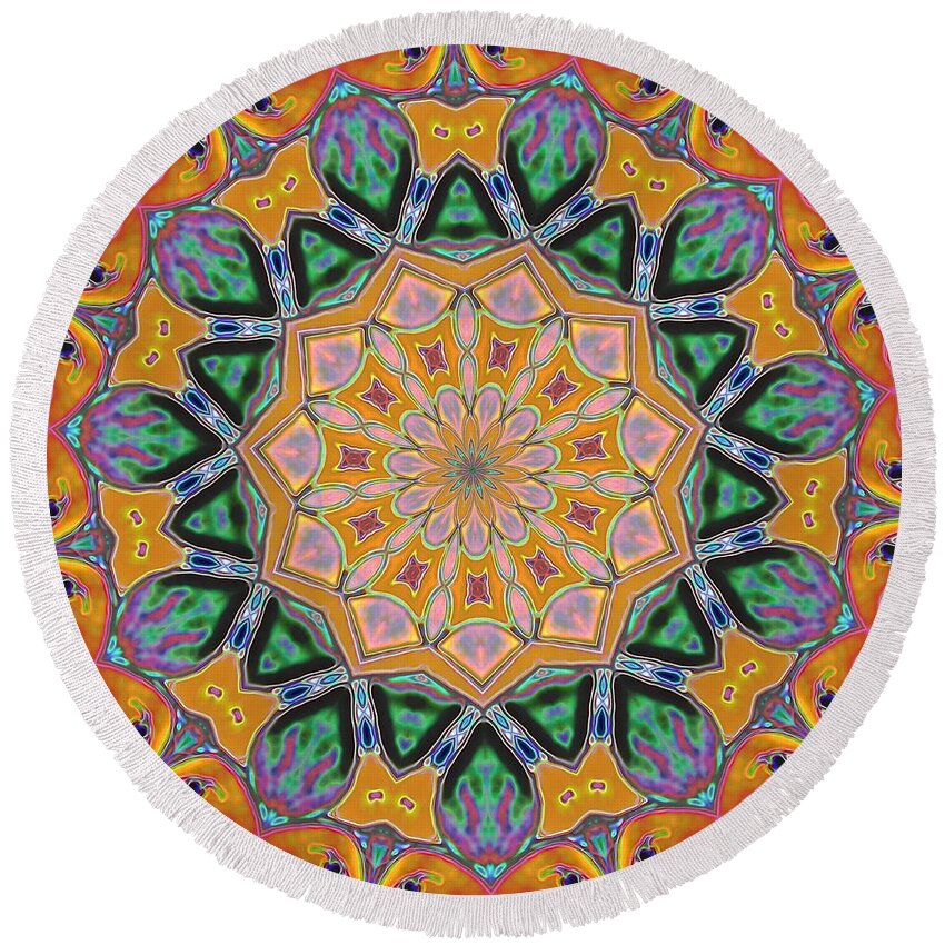 Abstract Round Beach Towel featuring the digital art Melon Kaleidoscope by Alec Drake