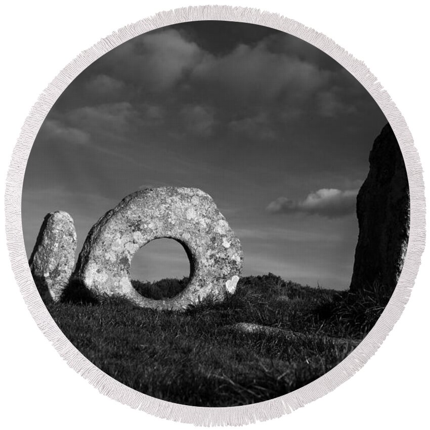 Photo Round Beach Towel featuring the photograph Men an Tol ancient monument, Cornwall by Tony Mills