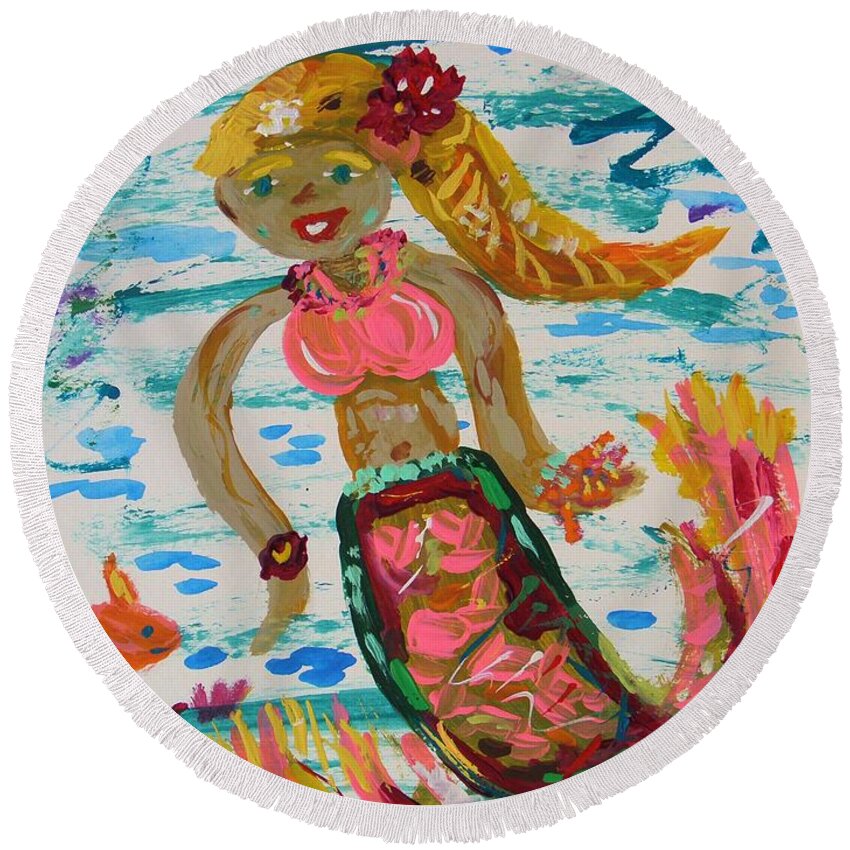 Mermaid Round Beach Towel featuring the painting Mermaid Mermaid by Mary Carol Williams