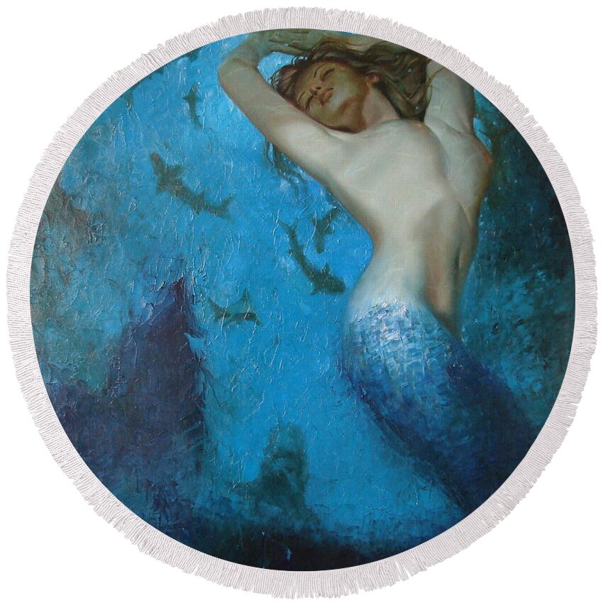 Ignatenko Round Beach Towel featuring the painting Mermaid by Sergey Ignatenko