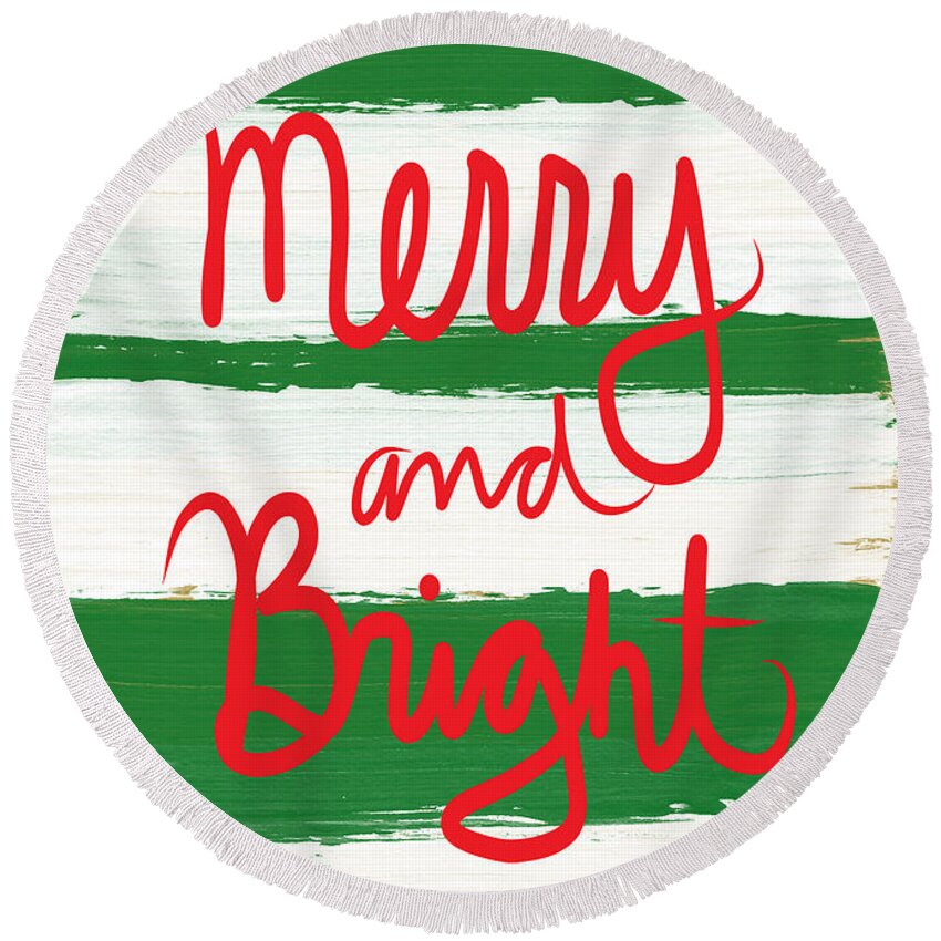 Christmas Card Round Beach Towel featuring the mixed media Merry and Bright- Greeting Card by Linda Woods