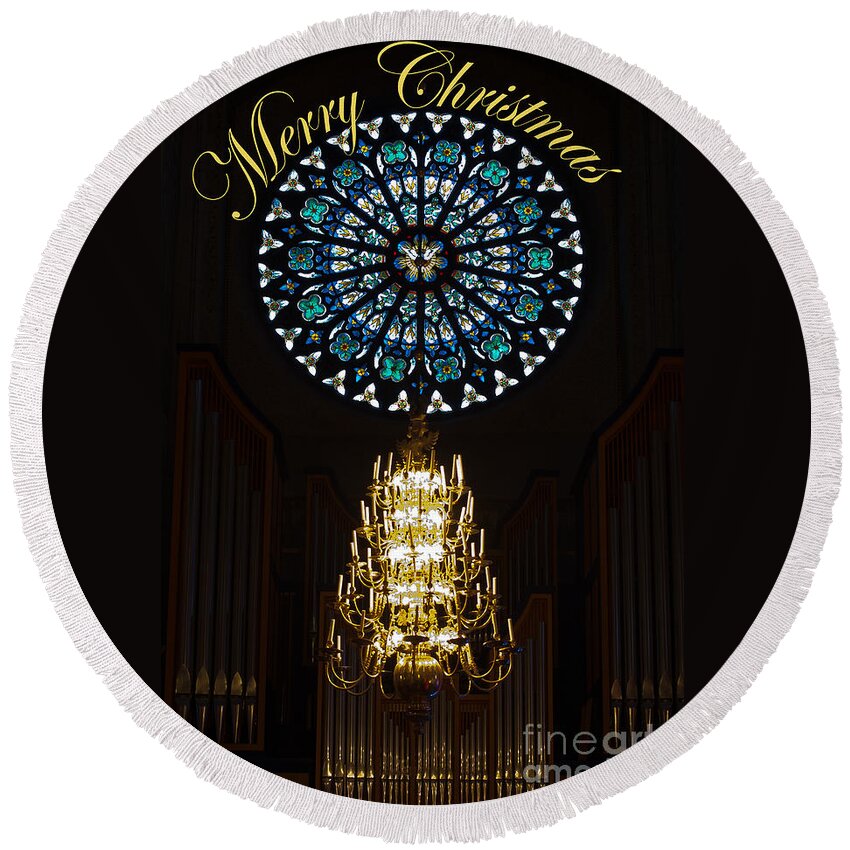Merry Christmas Over The Rose Window Round Beach Towel featuring the photograph Merry Christmas by Torbjorn Swenelius