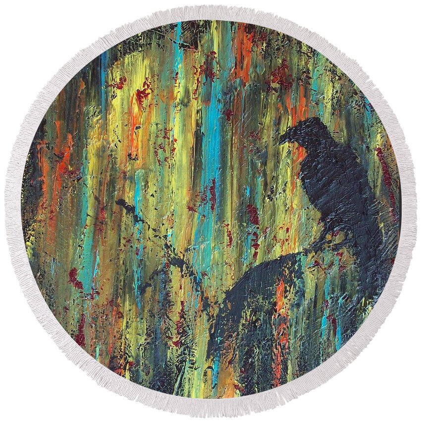 Raven Round Beach Towel featuring the painting Messenger by Jacqueline McReynolds