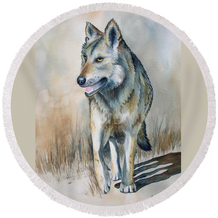Wolf Round Beach Towel featuring the painting Mexican Grey Wolf by Lyn DeLano