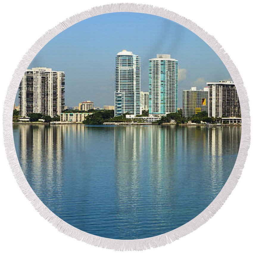 Architecture Round Beach Towel featuring the photograph Miami Brickell Skyline by Raul Rodriguez