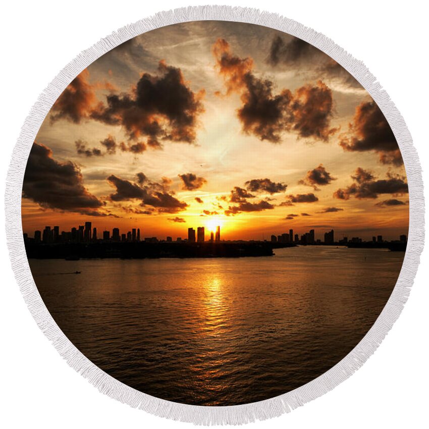 Miami Beach Round Beach Towel featuring the photograph Miami Skyline Sunset by Gary Dean Mercer Clark
