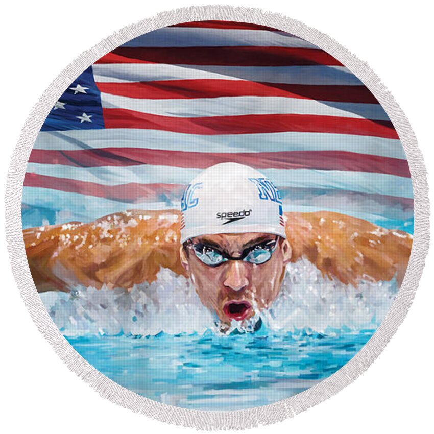 Michael Phelps Paintings Round Beach Towel featuring the painting Michael Phelps Artwork by Sheraz A