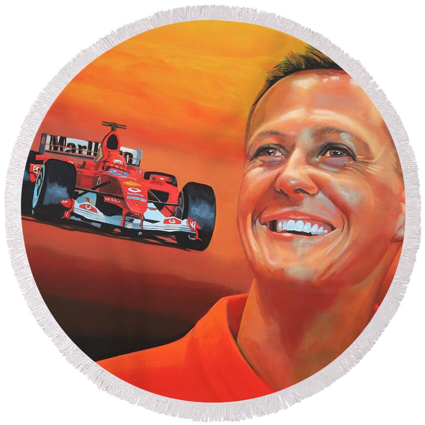 Michael Schumacher Round Beach Towel featuring the painting Michael Schumacher 2 by Paul Meijering