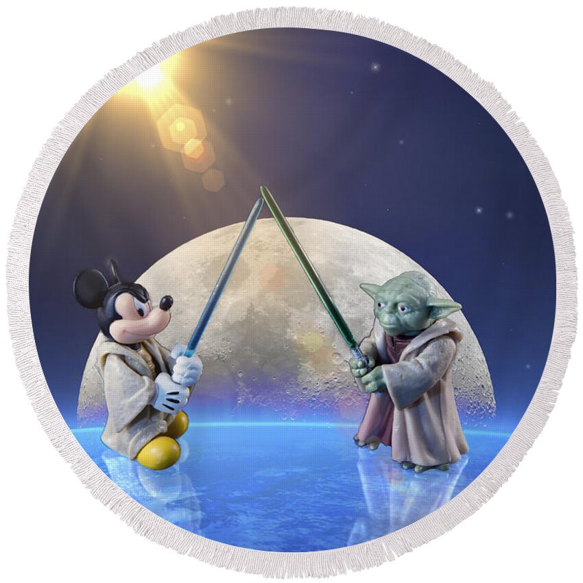 Mickey Mouse Round Beach Towel featuring the photograph Mickey vs Yoda by Bill and Linda Tiepelman